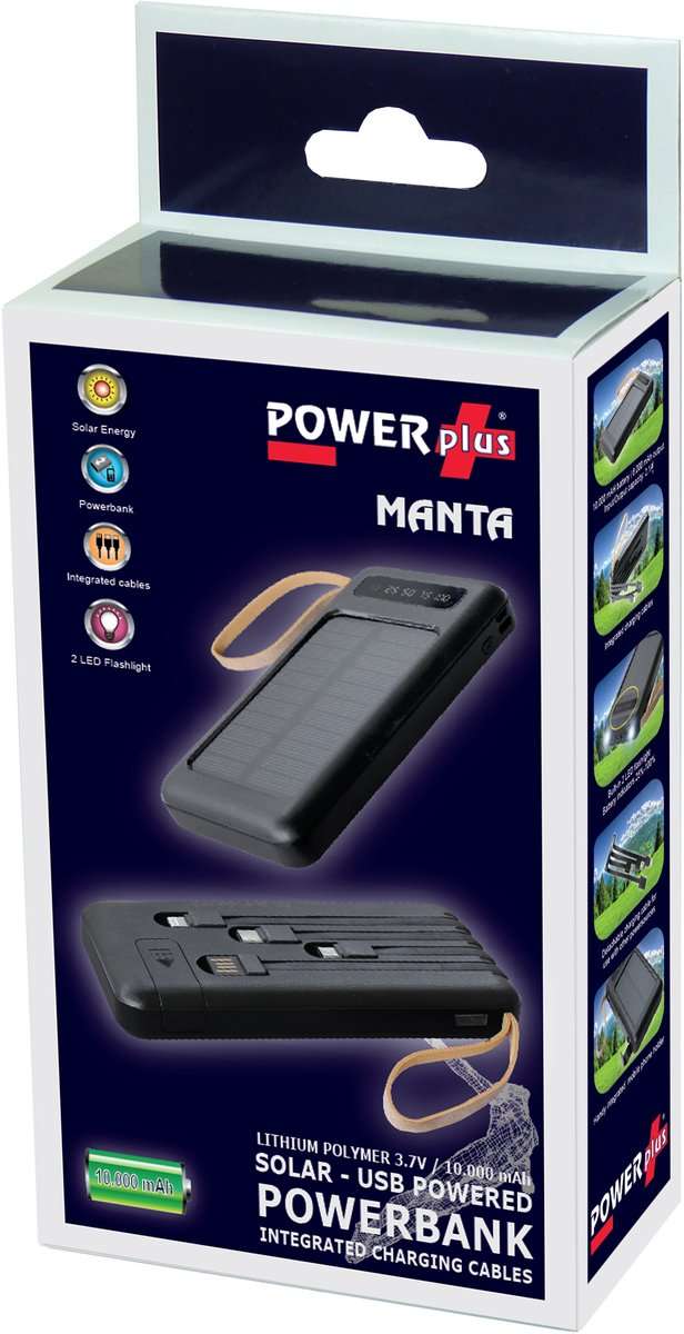PowerBank με Ηλιακή & USB Φόρτιση 10.000mAh με 3 Ενσωματωμένα Καλώδια - PowerPlus Manta - Image 5